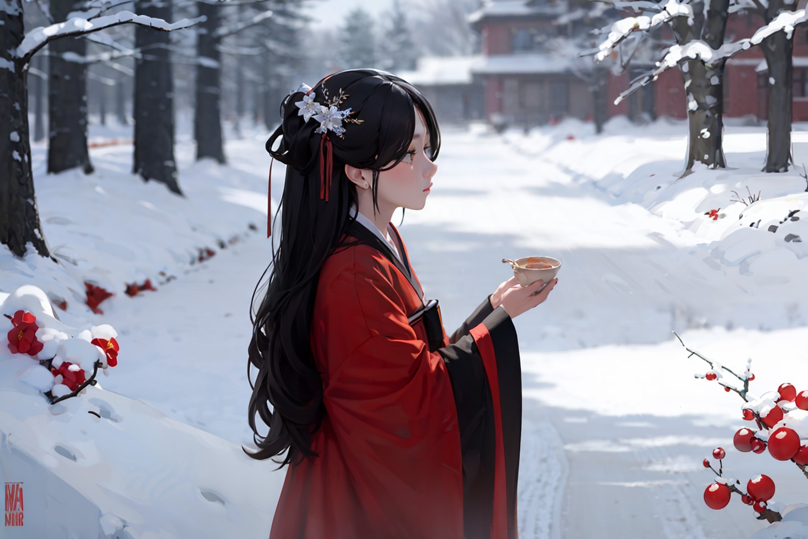 masterpiece, best quality, <lora:hanfu:1>,hanfukozue, 1girl, black hair, snow, pointy ears, long hair, solo, snowing, outd...
